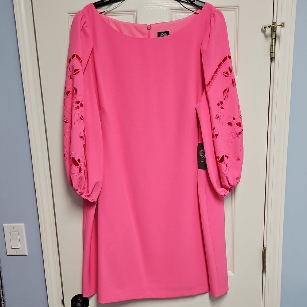 Vince Camuto Crepe 3/4 Embroidered Balloon Sleeve Shift Dress: Pink: Size- 22W
